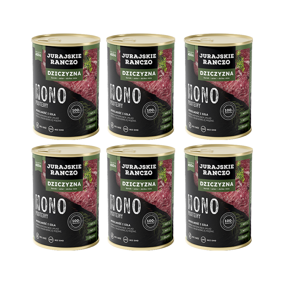 Jurajskie Ranczo Mono Białkowe z dziczyzną – zestaw 6 puszek 400 g