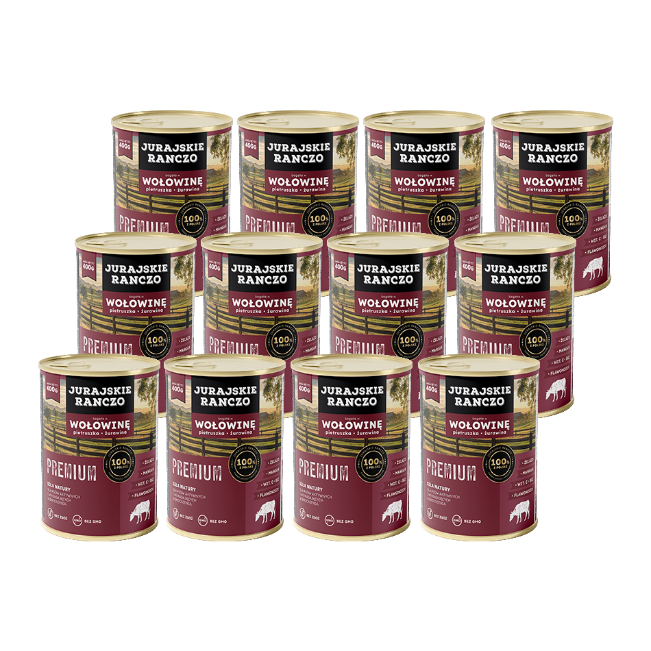 Jurajskie Ranczo Premium z wołowiną – zestaw 12 puszek 400 g
