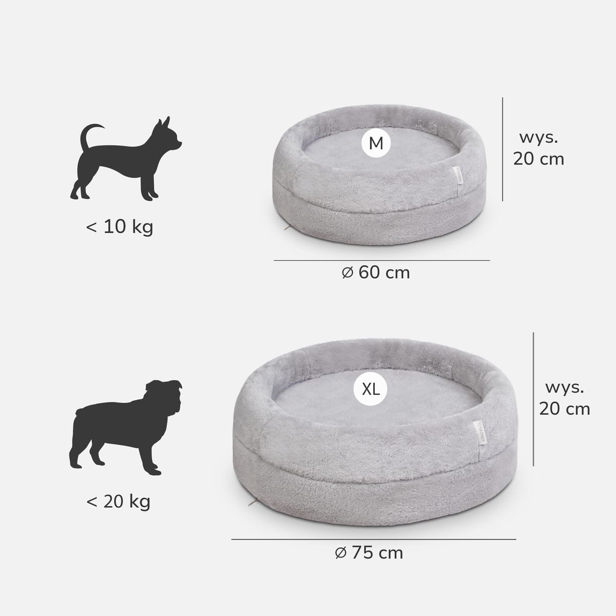 Rozmiary legowiska NEST: M średnica 60 cm, XL średnica 75 cm